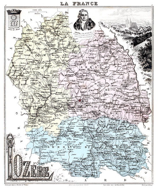 Carte du département de la Lozère en 1883 - gravure reproduite et restaurée numériquement par © Norbert Pousseur