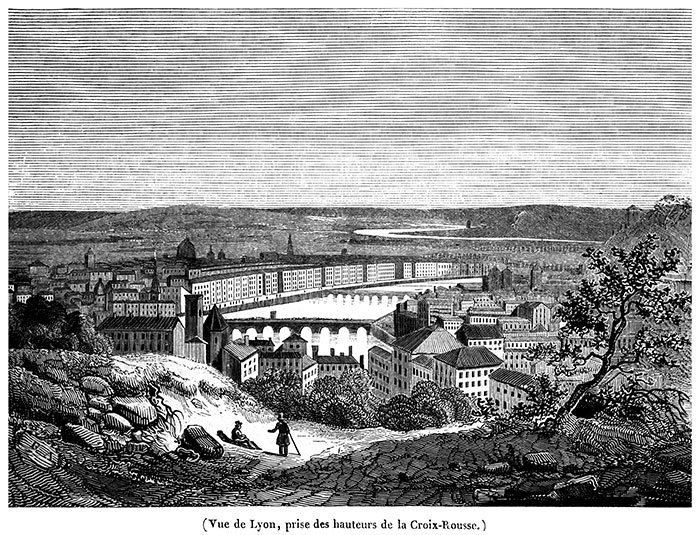 Lyon depuis la Croix-Rousse - Gravure de 1834 reproduite puis restaurée par © Norbert Pousseur Lyon depuis la Croix-Rousse - Gravure de 1834 reproduite puis restaurée par © Norbert Pousseur