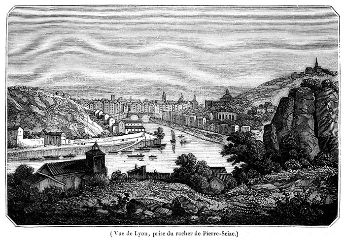 Lyon depuis Pierre-Scize - Gravure de 1834 reproduite puis restaurée par © Norbert Pousseur Lyon depuis Pierre-Scize - Gravure de 1834 reproduite puis restaurée par © Norbert Pousseur