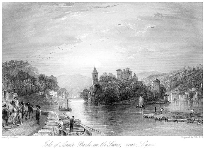 île de St Barbe sur la Saône - Gravure de 1841 reproduite puis restaurée par © Norbert Pousseur