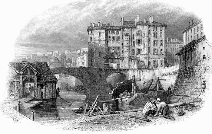 Lyon, rue Le Pont au Change - Gravure de 1841 reproduite puis restaurée par © Norbert Pousseur