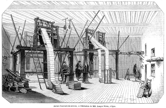 Lyon, ouvriers en soie - gravure de 1855 reproduite  puis restaurée par © Norbert Pousseur