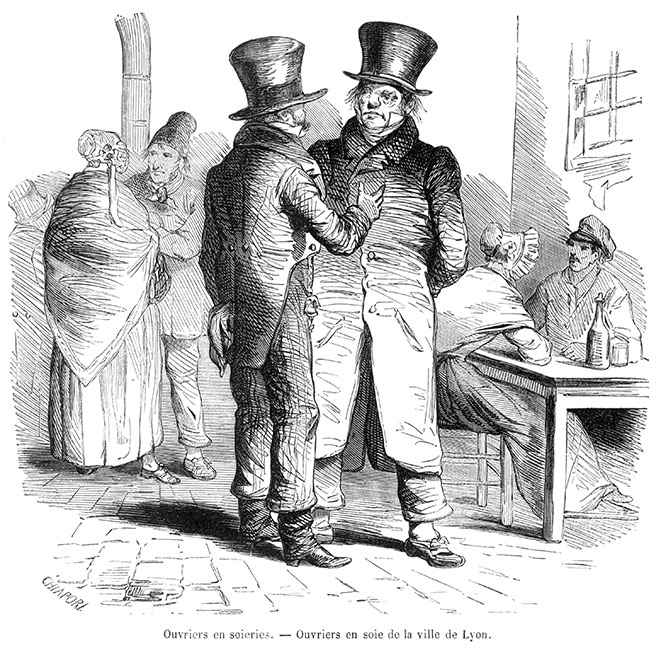 Ouvriers en soie de Lyon - gravure de 1855 reproduite  puis restaurée par © Norbert Pousseur