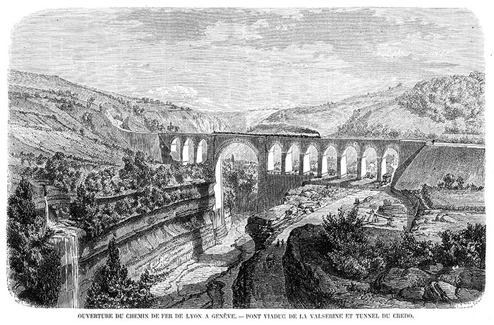 Chemin de fer de Lyon à Genève - gravure de 1858 reproduite puis restaurée par © Norbert Pousseur