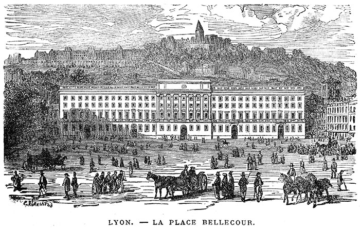Place Bellecour de Lyon vers 1820 - Gravure reproduite puis restaurée par © Norbert Pousseur