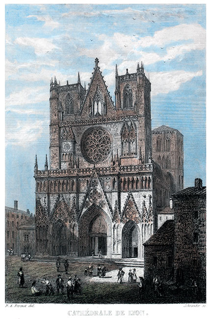Cathédrale St Jean de Lyon - Gravure de 1855 reproduite puis restaurée par © Norbert Pousseur