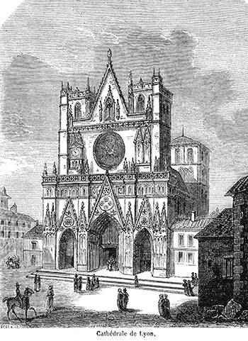 Façade de la cathédrale de Lyon avec cavalier - Gravure de 1855 reproduite puis restaurée par © Norbert Pousseur