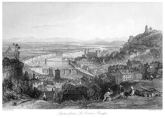 Lyon depuis la Croix Rousse - Gravure de 1841 reproduite puis restaurée par © Norbert Pousseur