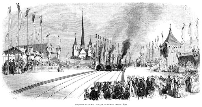 Inauguration du chemin de fer de Lyon à Dijon - gravure de 1851 reproduite puis restaurée par © Norbert Pousseur