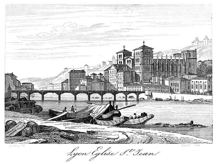 La cathédrale de Lyon devant la Saône - Gravure de 1835 reproduite puis restaurée par © Norbert Pousseur