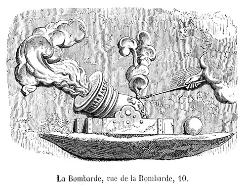 Enseigne lyonnaise à La Bombarde - gravure de 1855 reproduite  puis restaurée par © Norbert Pousseur