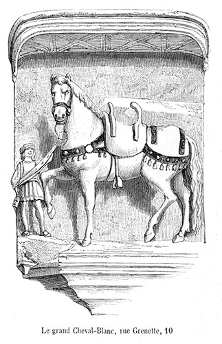 Enseigne lyonnaise du Grand cheval blanc - gravure de 1855 reproduite  puis restaurée par © Norbert Pousseur
