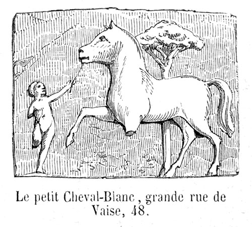 Enseigne lyonnaise du Petit cheval blanc - gravure de 1855 reproduite  puis restaurée par © Norbert Pousseur