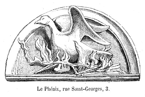 Enseigne lyonnaise Le Phénix - gravure de 1855 reproduite  puis restaurée par © Norbert Pousseur
