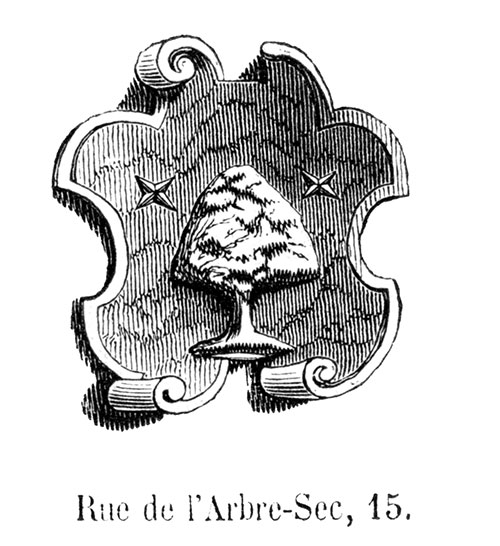 Enseigne lyonnaise l'Arbre sec - gravure de 1855 reproduite  puis restaurée par © Norbert Pousseur