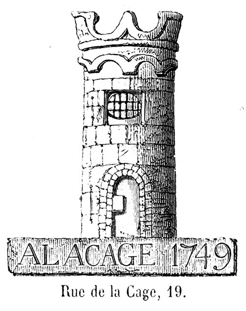 Enseigne lyonnaise à la Cage, 1749 - gravure de 1855 reproduite  puis restaurée par © Norbert Pousseur