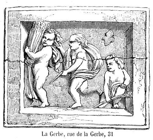 Enseigne lyonnaise de la  Gerbe - gravure de 1855 reproduite  puis restaurée par © Norbert Pousseur
