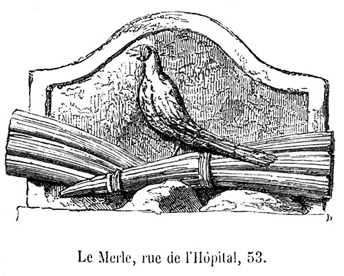 Enseigne lyonnaise Le Merles - gravure de 1855 reproduite  puis restaurée par © Norbert Pousseur
