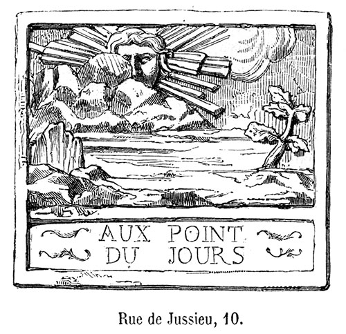 Enseigne lyonnaise Aux point du jours - gravure de 1855 reproduite  puis restaurée par © Norbert Pousseur