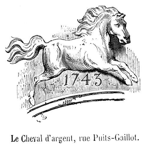 Enseigne lyonnaise Le Cheval d'argent - gravure de 1855 reproduite  puis restaurée par © Norbert Pousseur