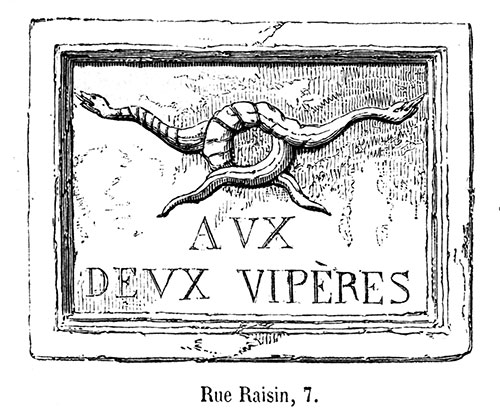 Enseigne lyonnaise de 1764, Aux deux Vipères - gravure de 1855 reproduite  puis restaurée par © Norbert Pousseur