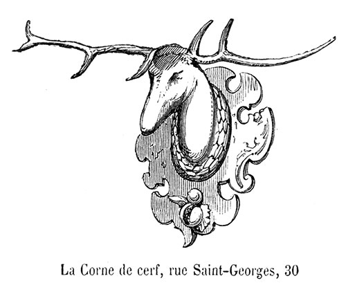 Enseigne lyonnaise La corne de cerf - gravure de 1855 reproduite  puis restaurée par © Norbert Pousseur