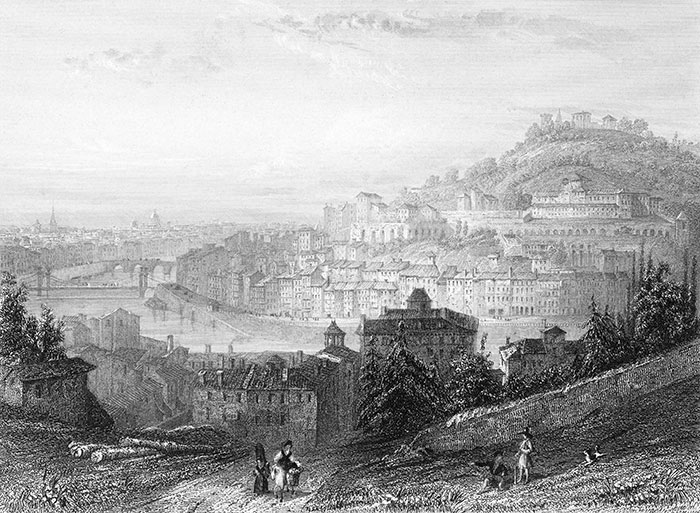 Lyon et la colline de Fourvières - Gravure de 1835 reproduite puis restaurée par © Norbert Pousseur Lyon et la colline de Fourvières - Gravure de 1835 reproduite puis restaurée par © Norbert Pousseur
