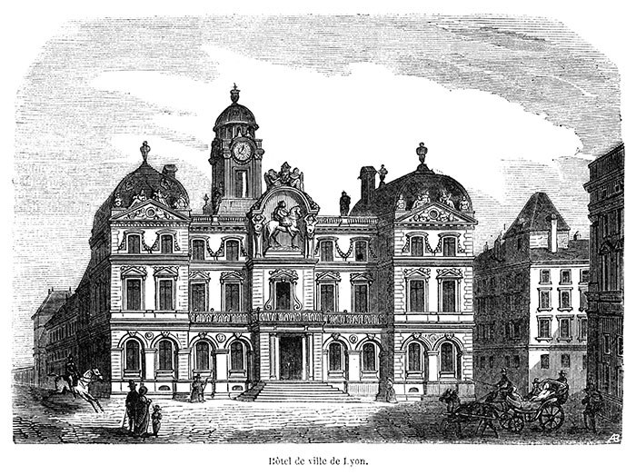 Façade de l'Hôtel de ville de Lyon - Gravure de 1834 reproduite puis restaurée par © Norbert Pousseur Façade de l'Hôtel de ville de Lyon - Gravure de 1834 reproduite puis restaurée par © Norbert Pousseur