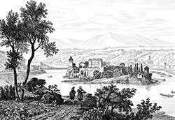 île St. Barbe à Lyon, vers 1830 - gravure reproduite et restaurée numériquement par © Norbert Pousseur
