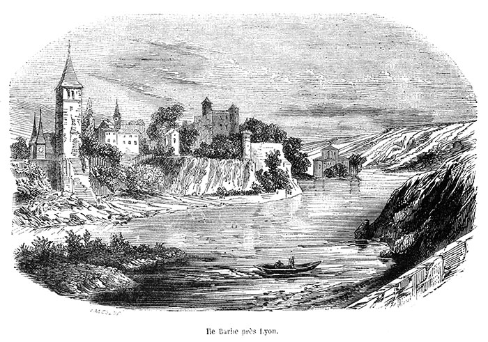 Ile Barbe près de Lyon - Gravure de 1855 reproduite puis restaurée par © Norbert Pousseur