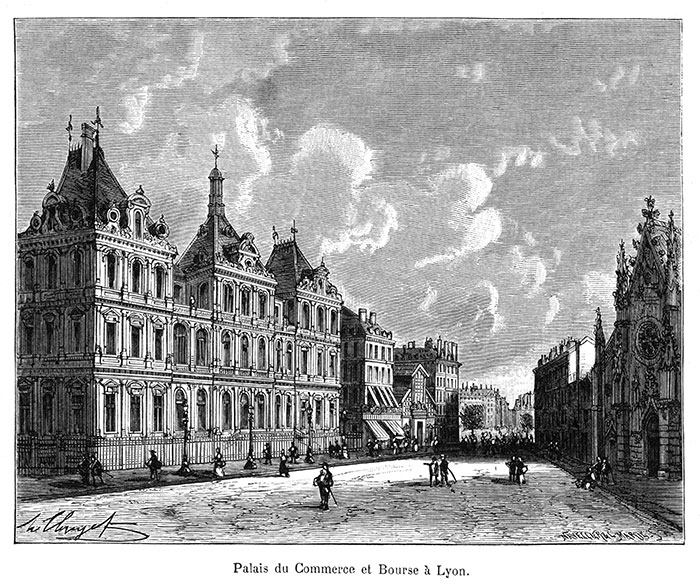 Bourse et Palais du Commerce de Lyon - Gravure de 1855 reproduite puis restaurée par © Norbert Pousseur Bourse et Palais du Commerce de Lyon - Gravure de 1855 reproduite puis restaurée par © Norbert Pousseur