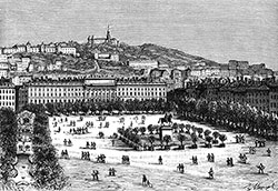 Lyon, place Bellecour, 1850  - gravure reproduite et restaurée numériquement par © Norbert Pousseur