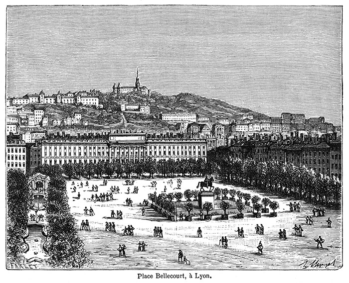 Place Bellecour de Lyon - Gravure de 1855 reproduite puis restaurée par © Norbert Pousseur Place Bellecour de Lyon - Gravure de 1855 reproduite puis restaurée par © Norbert Pousseur
