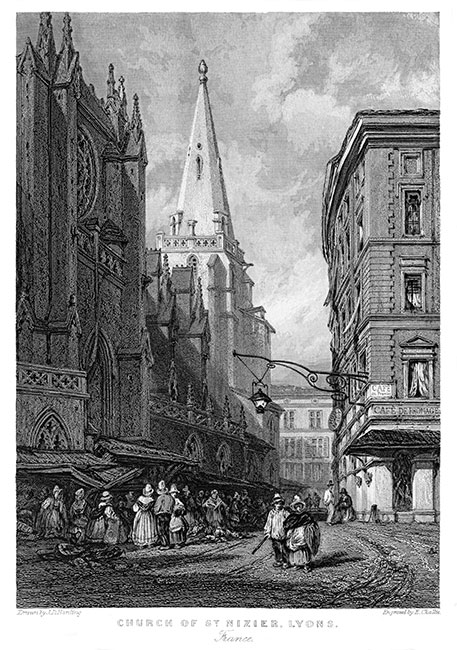 église de St Nizier à  Lyon - Gravure de 1836 reproduite puis restaurée par © Norbert Pousseur