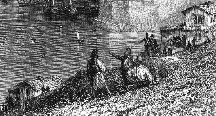 Maghrébins fumant la pipe à l''entrée du port de Marseille par Thomas Allom vers 1830 - gravure  reproduite et restaurée par © Norbert Pousseur