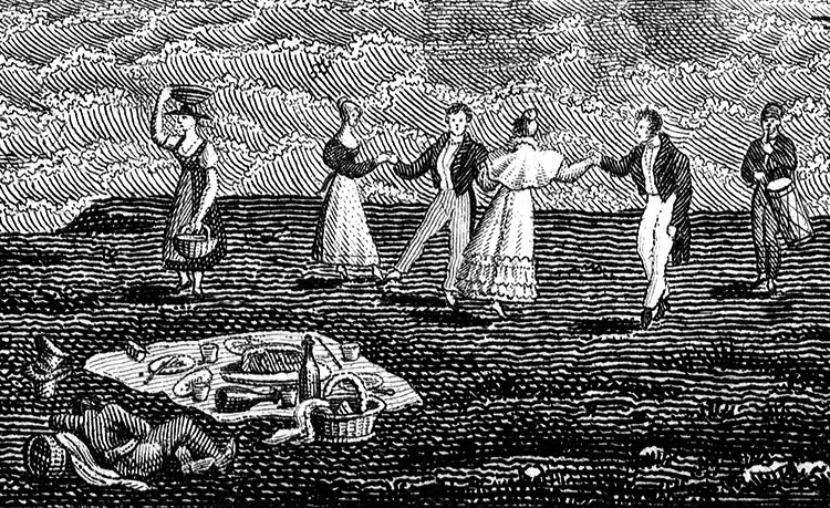 Quelques jeunes gens dansent au son d'un tambourin - gravure  reproduite et restaurée par © Norbert Pousseur