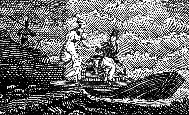 Jeune bourgeois aidant sa mie à monter dans sa barque - gravure  reproduite et restaurée par © Norbert Pousseur