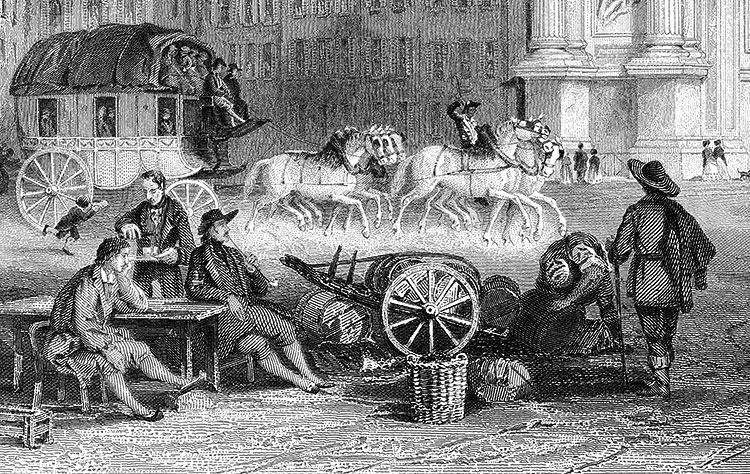 Deux quidams attablés servis par un cafetier à Marseille vers 1830  - gravure  reproduite et restaurée par © Norbert Pousseur