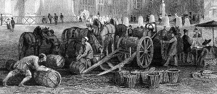 Déchargement de tonneaux et de paniers à Marseille vers 1830  - gravure  reproduite et restaurée par © Norbert Pousseur