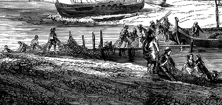 La pêche et tout le travail que cela suppose à Marseille vers 1890 - gravure reproduite et restaurée par © Norbert Pousseur