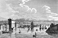 Imagette : Entrée du port de Marseille vers 1830 - gravure  reproduite et restaurée numériquement par © Norbert Pousseur