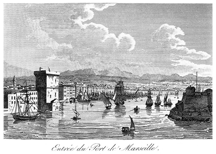 Entrée du port de Marseille vers 1830 - gravure  reproduite et restaurée numériquement par © Norbert Pousseur