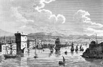 Pour zoom, Entrée du port de Marseille vers 1830 - gravure  reproduite et restaurée numériquement par © Norbert Pousseur