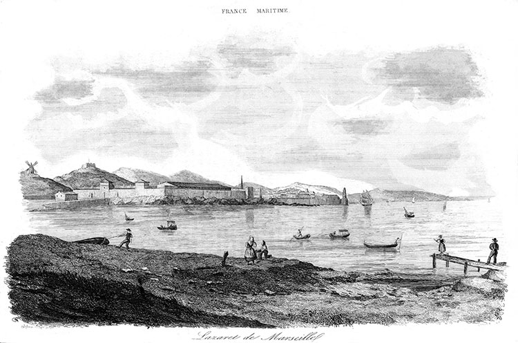 Lazaret  de Marseille vers 1830 - gravure  reproduite et restaurée par © Norbert Pousseur