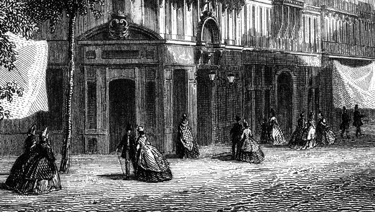 Dames en crinolines et messieurs en chapeaux hauts à Marseille vers 1860 - gravure d'Adolphe Rouargue reproduite et restaurée par © Norbert Pousseur