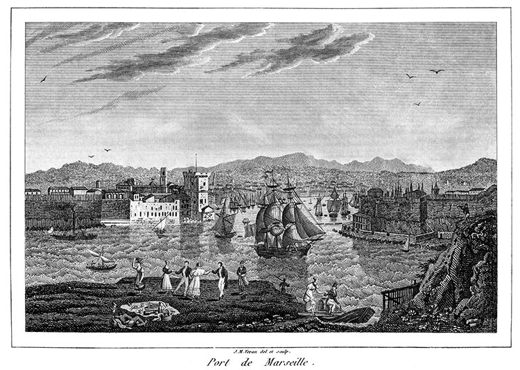 Port de Marseille vers 1830 - gravure  reproduite et restaurée par © Norbert Pousseur
