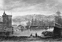 Imagette : VBateaux et cahutes dans le port de Marseille vers 1870 - gravure  reproduite et restaurée numériquement par © Norbert Pousseur
