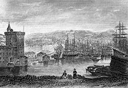 Imagette : VBateaux et cahutes dans le port de Marseille vers 1870 - gravure  reproduite et restaurée numériquement par © Norbert Pousseur