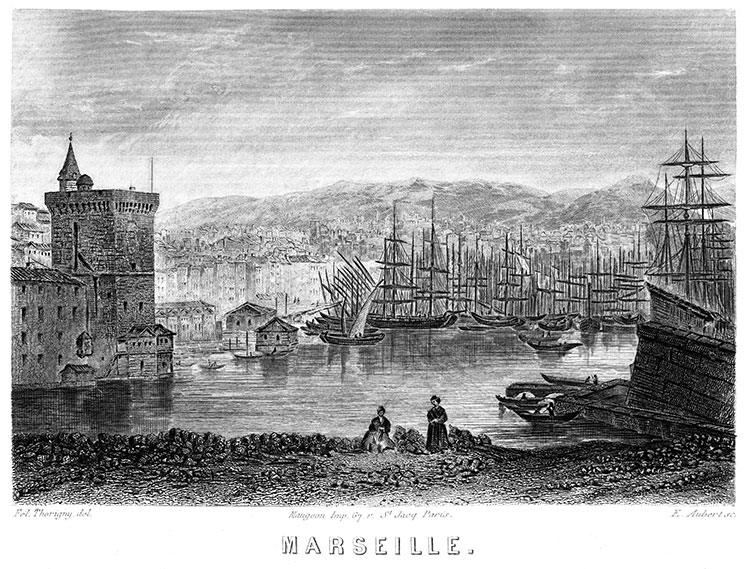 Bateaux et cahutes dans le port de Marseille vers 1870 - gravure  reproduite et restaurée numériquement par © Norbert Pousseur