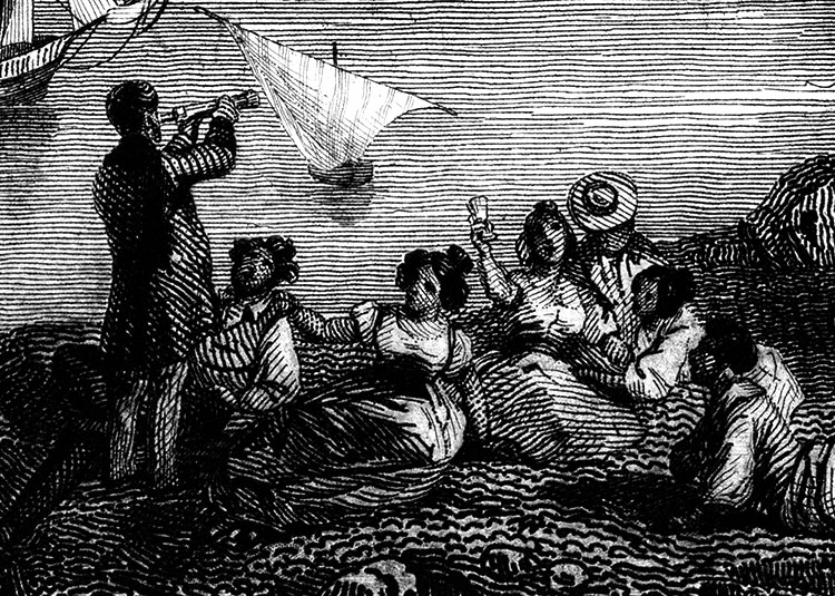 Il joue de la trompette et une des dames lui brandi son verre 'Santé' - gravure  reproduite et restaurée par © Norbert Pousseur